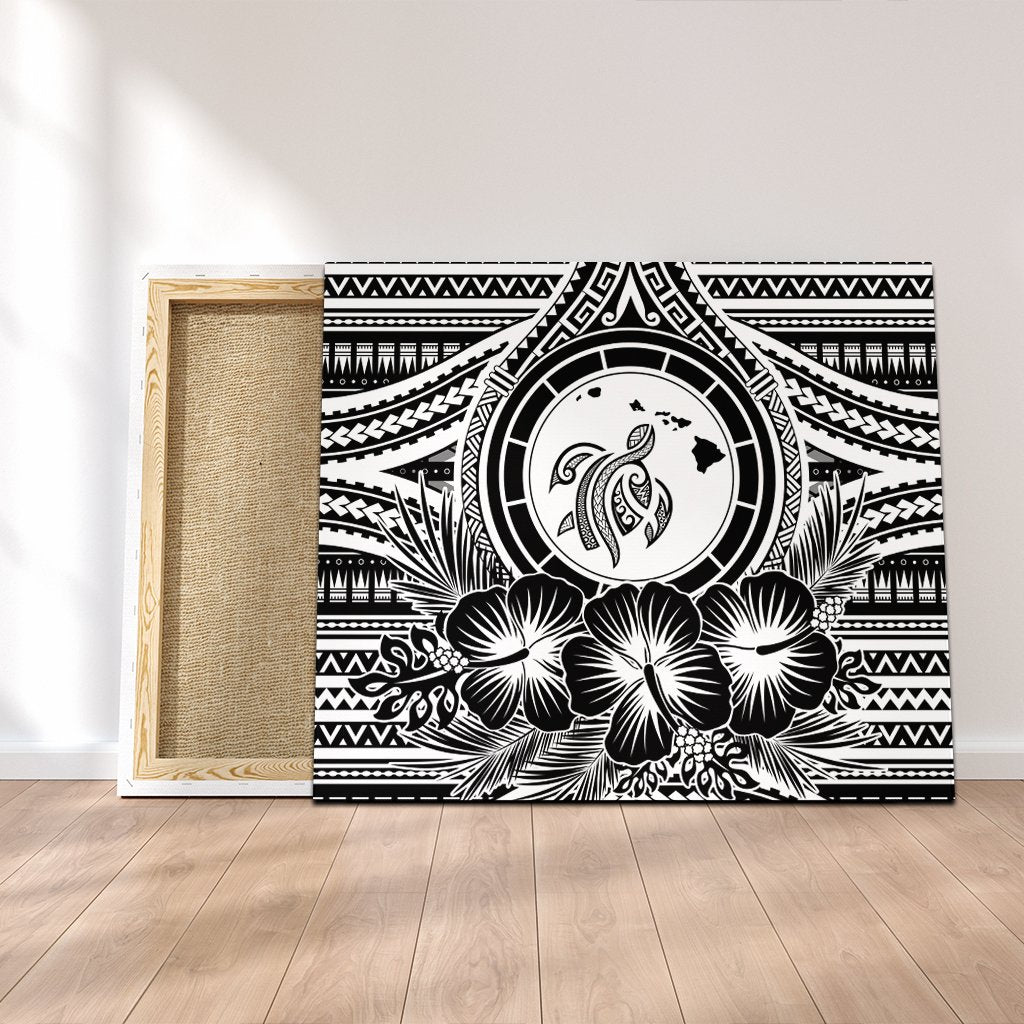 Hawaiian Map Honu Hibiscus Tropic White Polynesian Canvas - AH Canvas Poly-cotton - Polynesian Pride