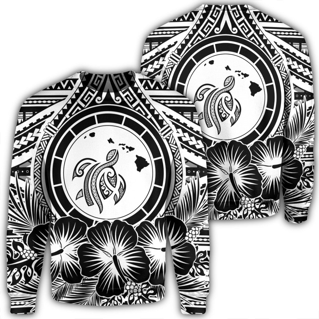 Hawaiian Map Honu Hibiscus Tropic White Polynesian Sweatshirt - AH Unisex Black - Polynesian Pride