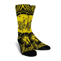 Hawaiian Map Honu Hibiscus Tropic Yellow Polynesian Crew Socks - AH - Polynesian Pride
