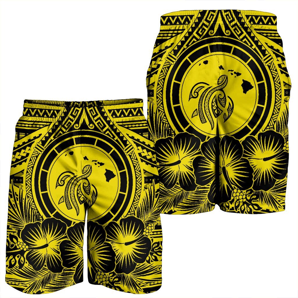 Hawaiian Map Honu Hibiscus Tropic Yellow Polynesian Men's Shorts - AH - Polynesian Pride