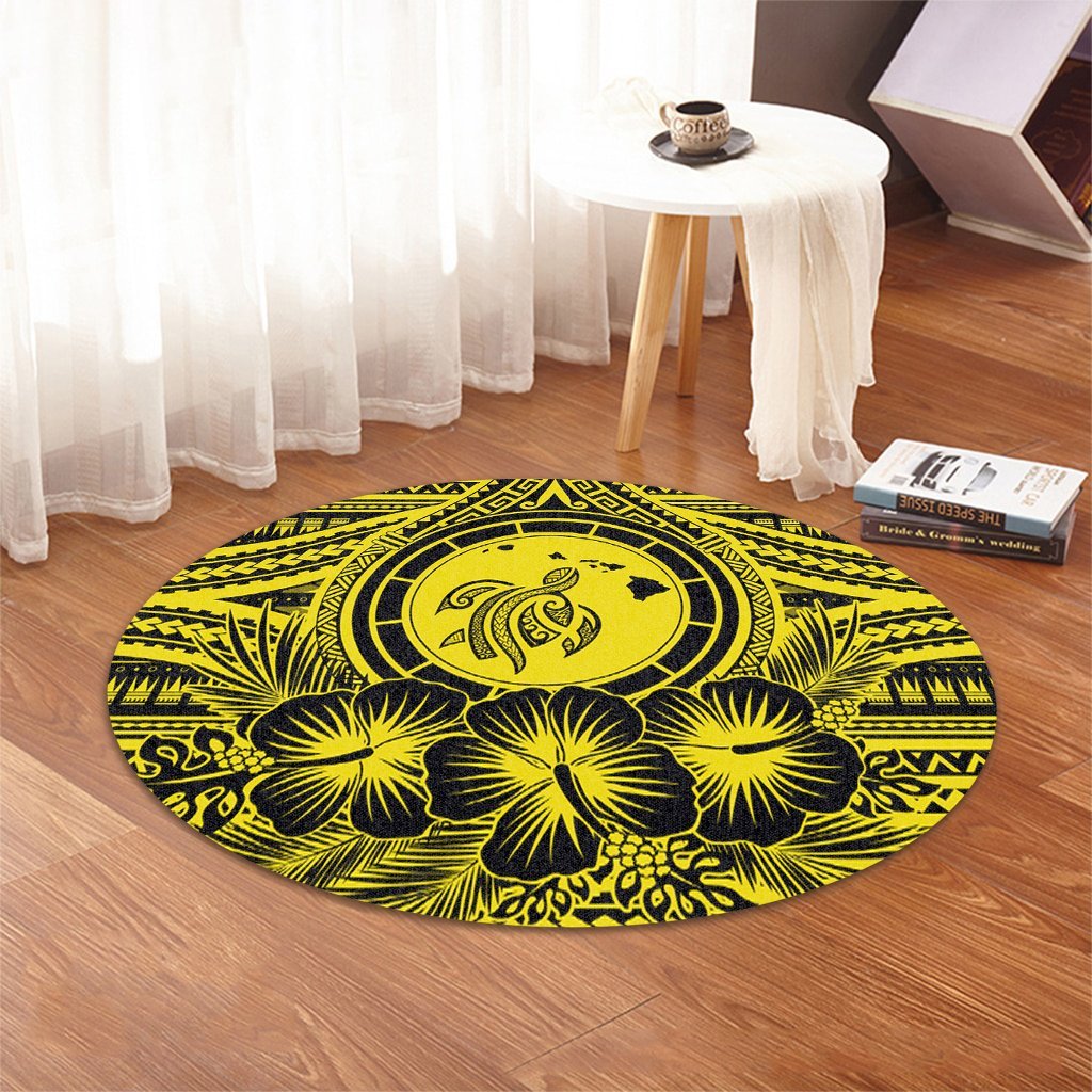 Hawaiian Map Honu Hibiscus Tropic Yellow Polynesian Round Carpet - AH - Polynesian Pride