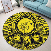 Hawaiian Map Honu Hibiscus Tropic Yellow Polynesian Round Carpet - AH - Polynesian Pride
