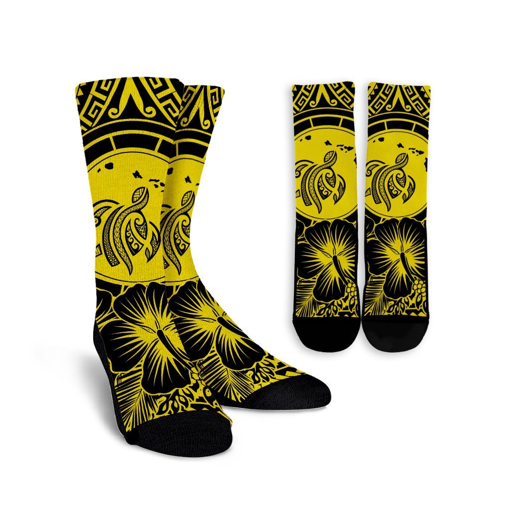Hawaiian Map Honu Hibiscus Tropic Yellow Polynesian Crew Socks - AH Crew Socks White - Polynesian Pride