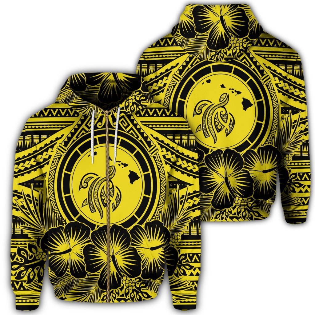 Hawaiian Map Honu Hibiscus Tropic Yellow Polynesian Zip Hoodie Unisex Art - Polynesian Pride