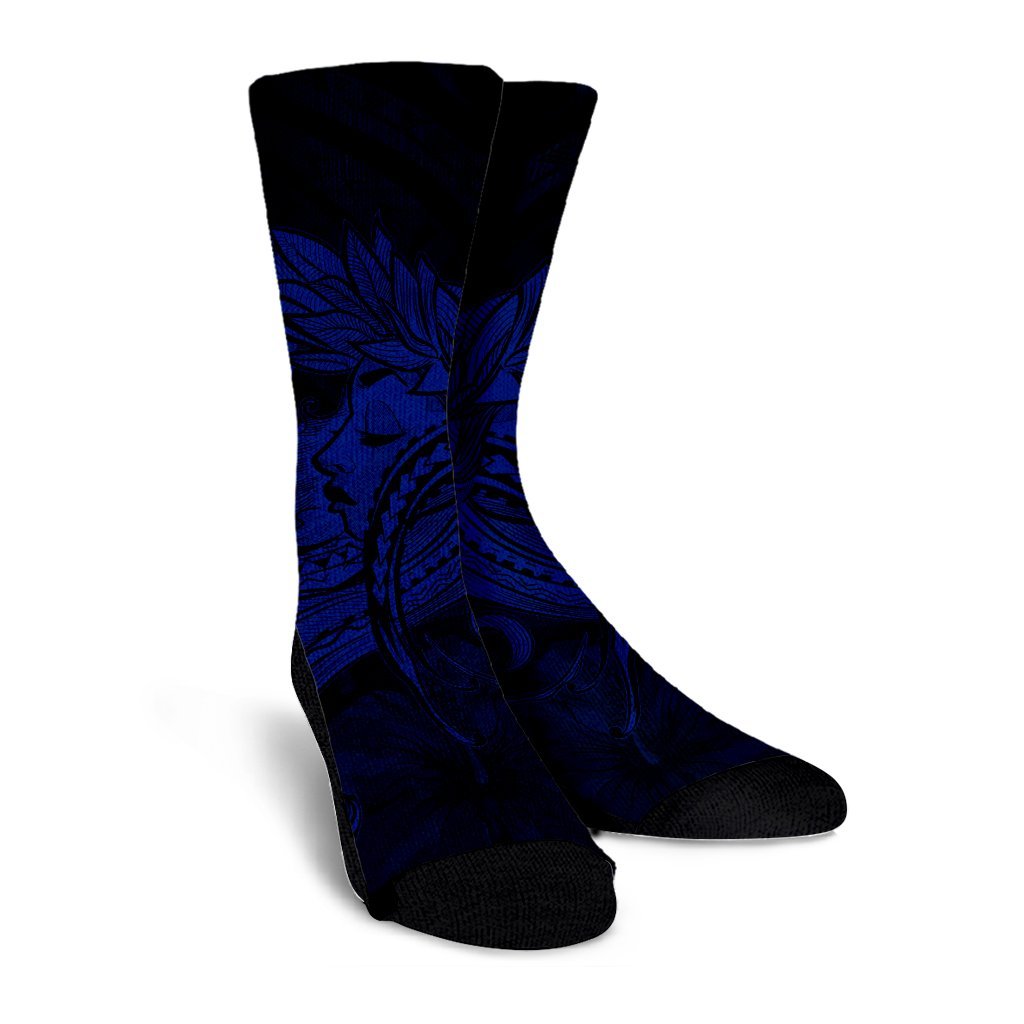 Hawaiian Map Hula Girl Hibiscus Kanaka Polynesian Crew Socks - Blue - AH - Polynesian Pride