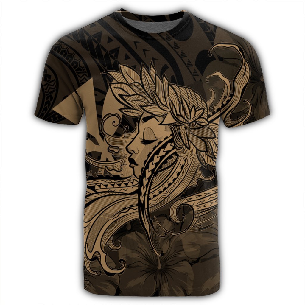 Hawaiian Map Hula Girl Hibiscus Kanaka Polynesian T Shirt Gold - Polynesian Pride