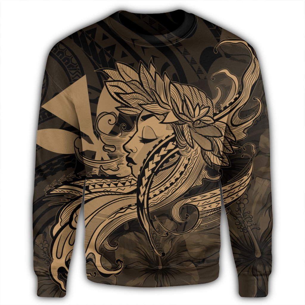 Hawaiian Map Hula Girl Hibiscus Kanaka Polynesian Sweatshirt - Gold - AH - Polynesian Pride