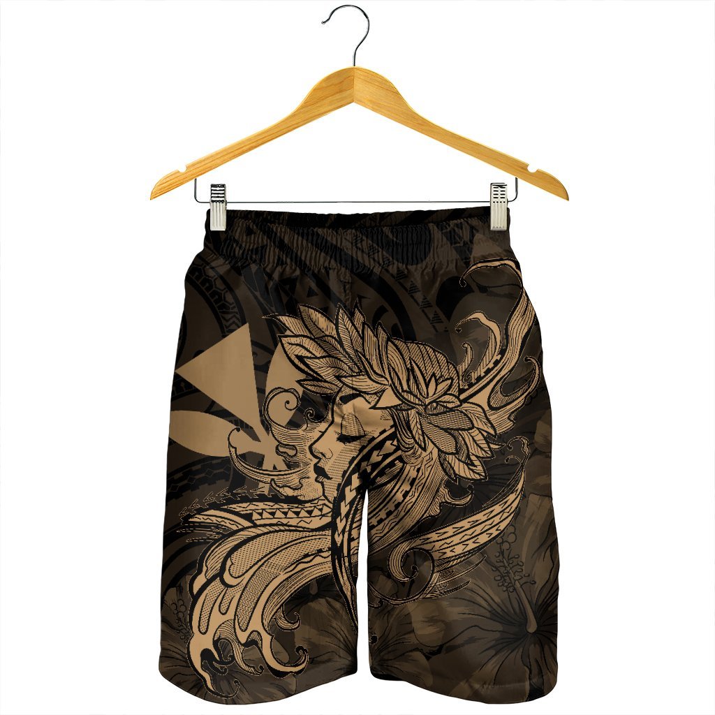 Hawaiian Map Hula Girl Hibiscus Kanaka Polynesian Men's Shorts - Gold - AH - Polynesian Pride
