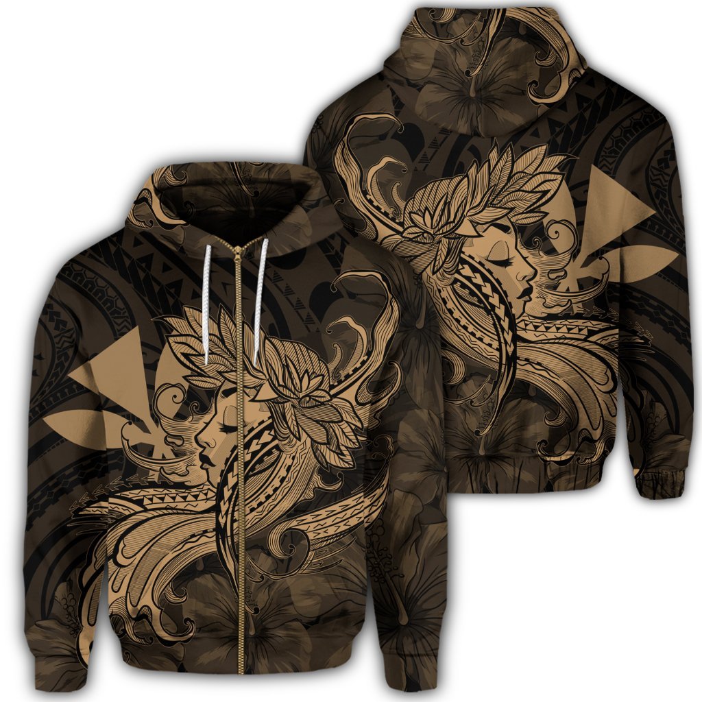 Hawaiian Map Hula Girl Hibiscus Kanaka Polynesian Zip Hoodie Gold Unisex Art - Polynesian Pride