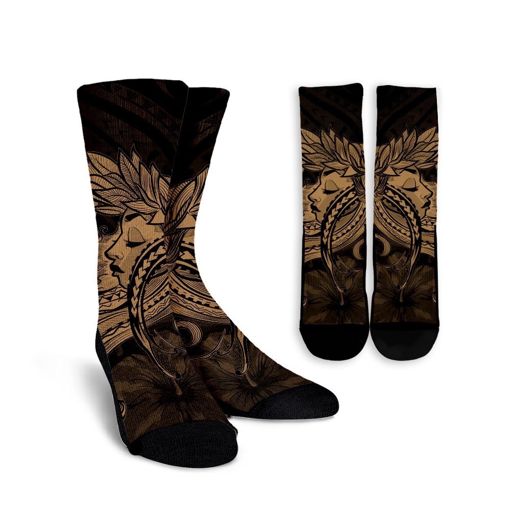 Hawaiian Map Hula Girl Hibiscus Kanaka Polynesian Crew Socks - Gold - AH Crew Socks White - Polynesian Pride