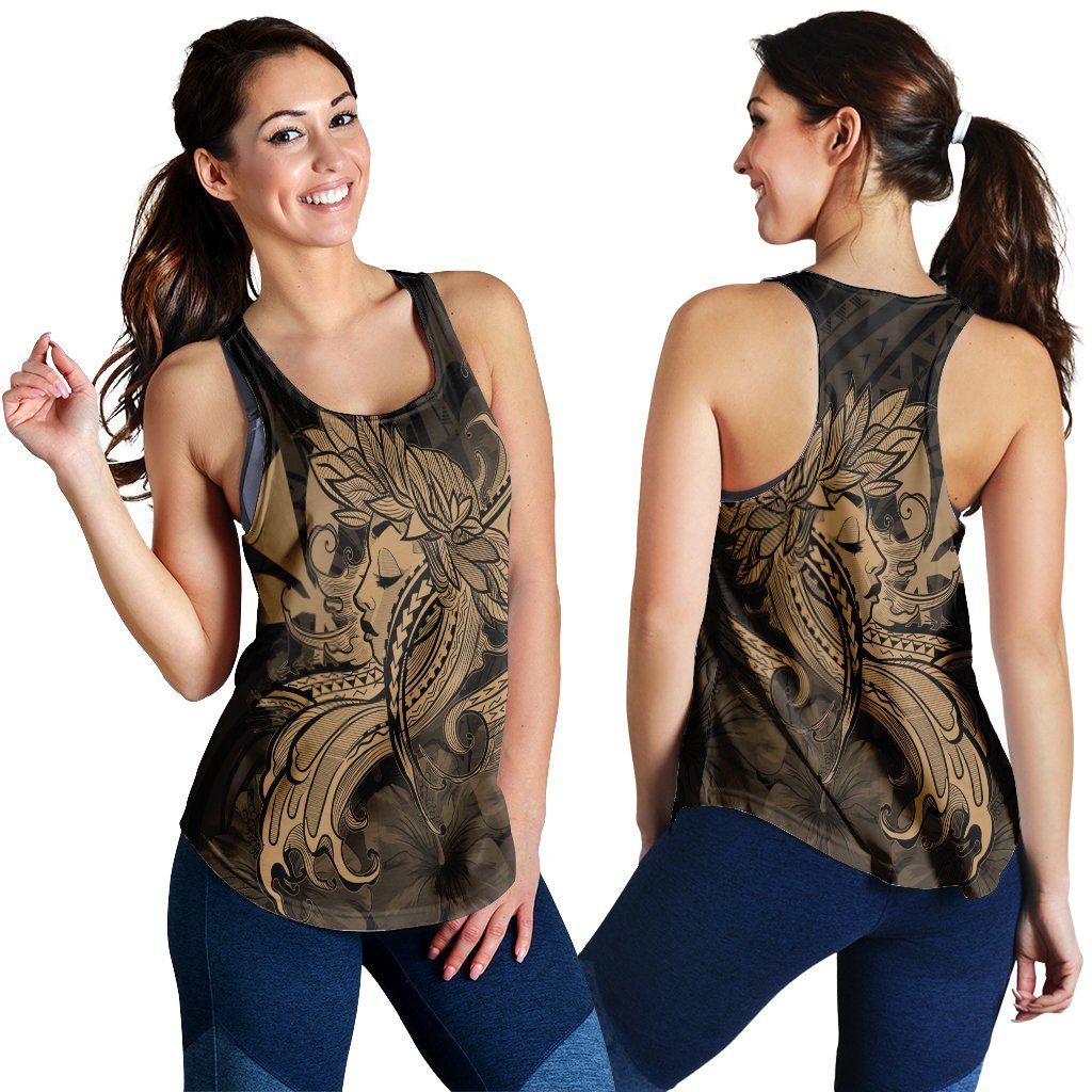 Hawaiian Map Hula Girl Hibiscus Kanaka Polynesian Racerback Tank - Gold - AH Black - Polynesian Pride