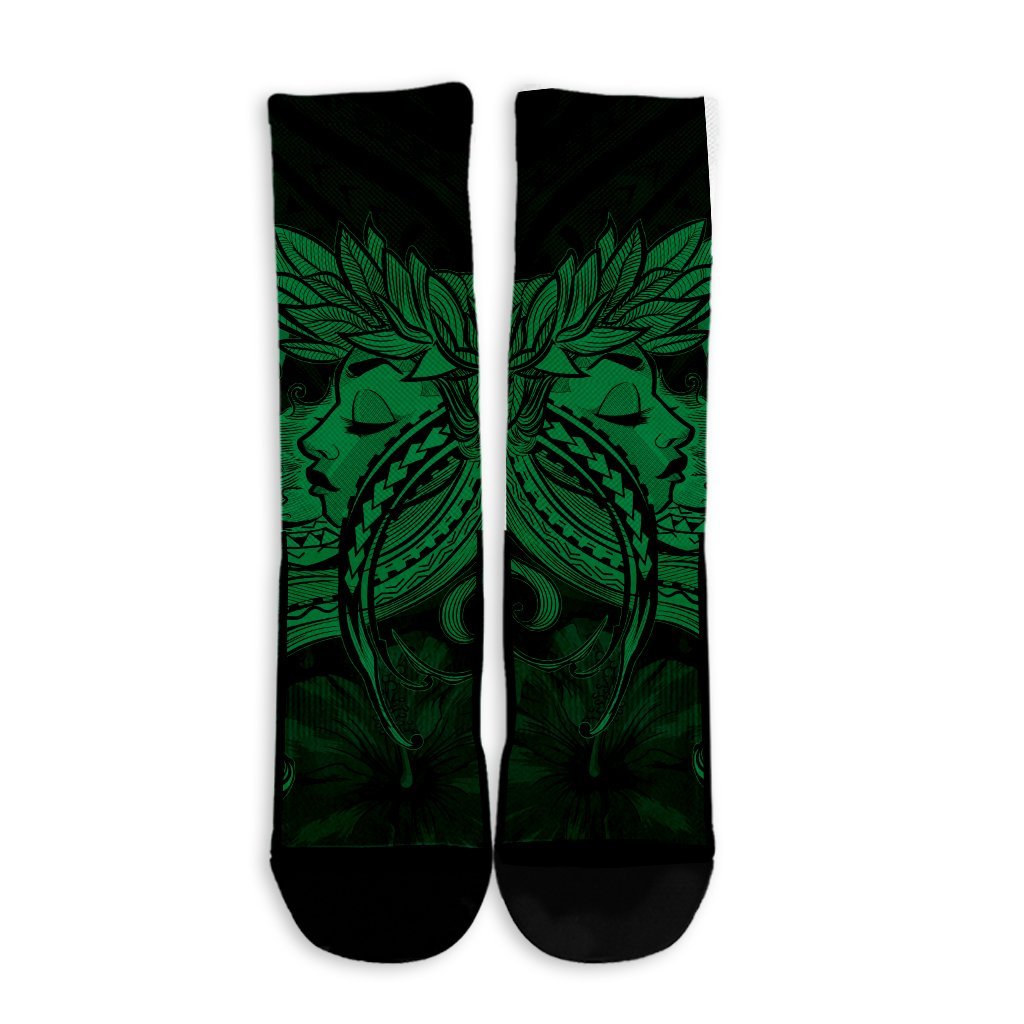 Hawaiian Map Hula Girl Hibiscus Kanaka Polynesian Crew Socks - Green - AH - Polynesian Pride