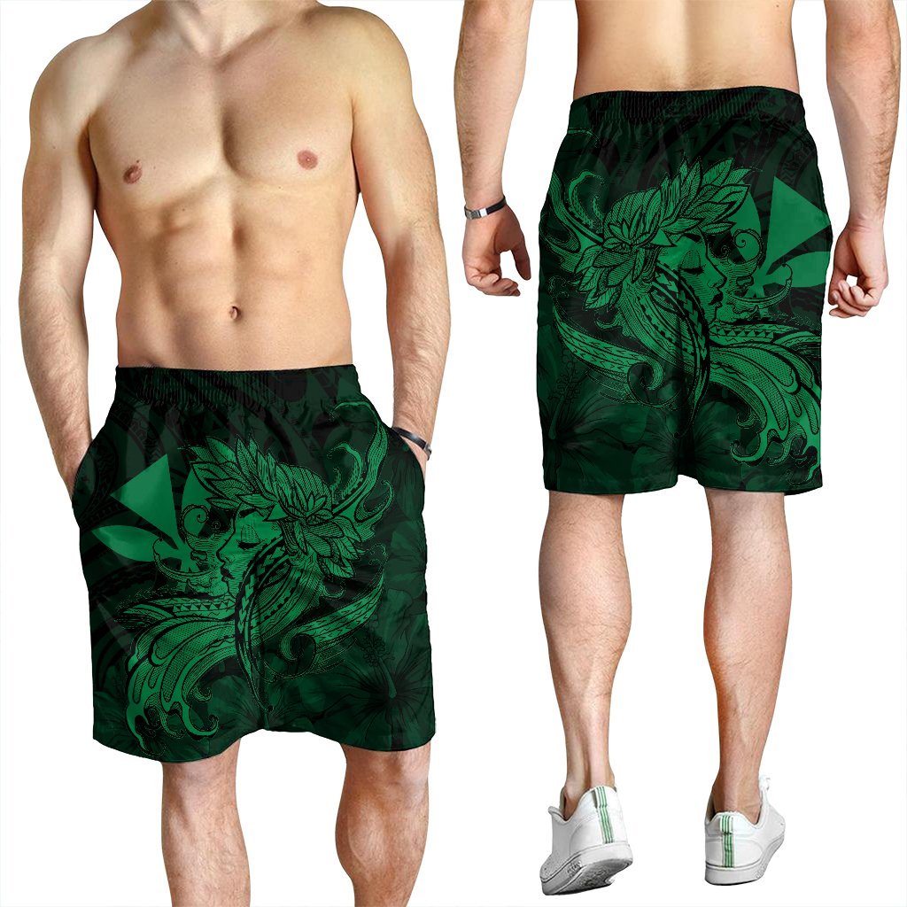 Hawaiian Map Hula Girl Hibiscus Kanaka Polynesian Men's Shorts - Green - AH - Polynesian Pride
