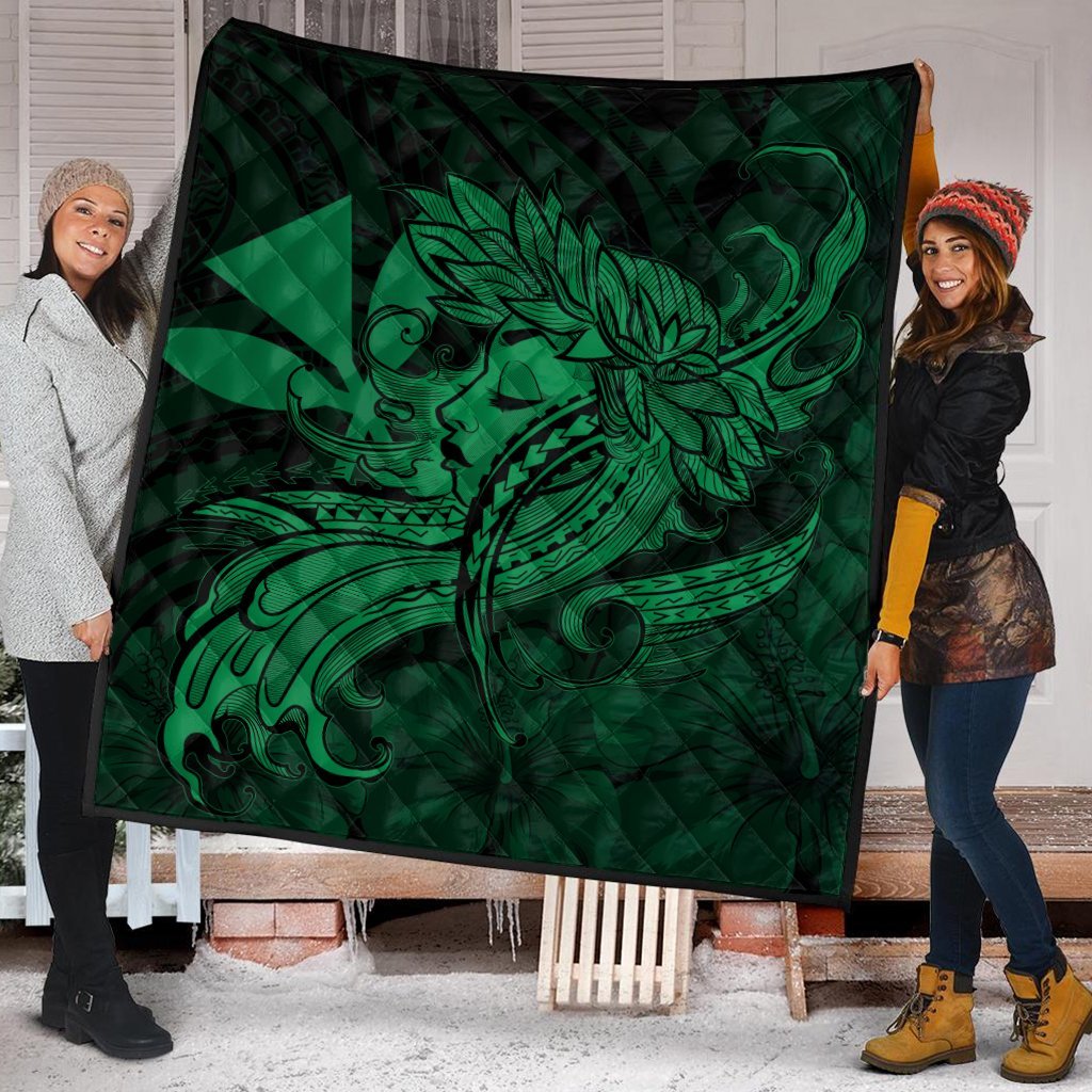 Hawaiian Map Hula Girl Hibiscus Kanaka Polynesian Premium Quilts - Green - AH - Polynesian Pride