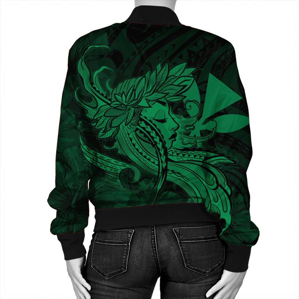 Hawaiian Map Hula Girl Hibiscus Kanaka Polynesian Bomber Jacket - Green - AH - Polynesian Pride