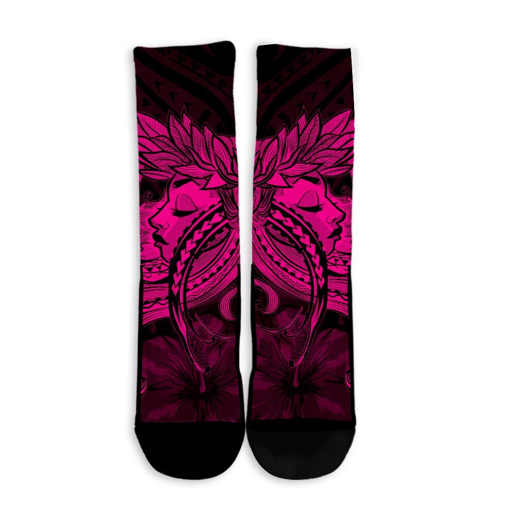 Hawaiian Map Hula Girl Hibiscus Kanaka Polynesian Crew Socks - Pink - AH - Polynesian Pride