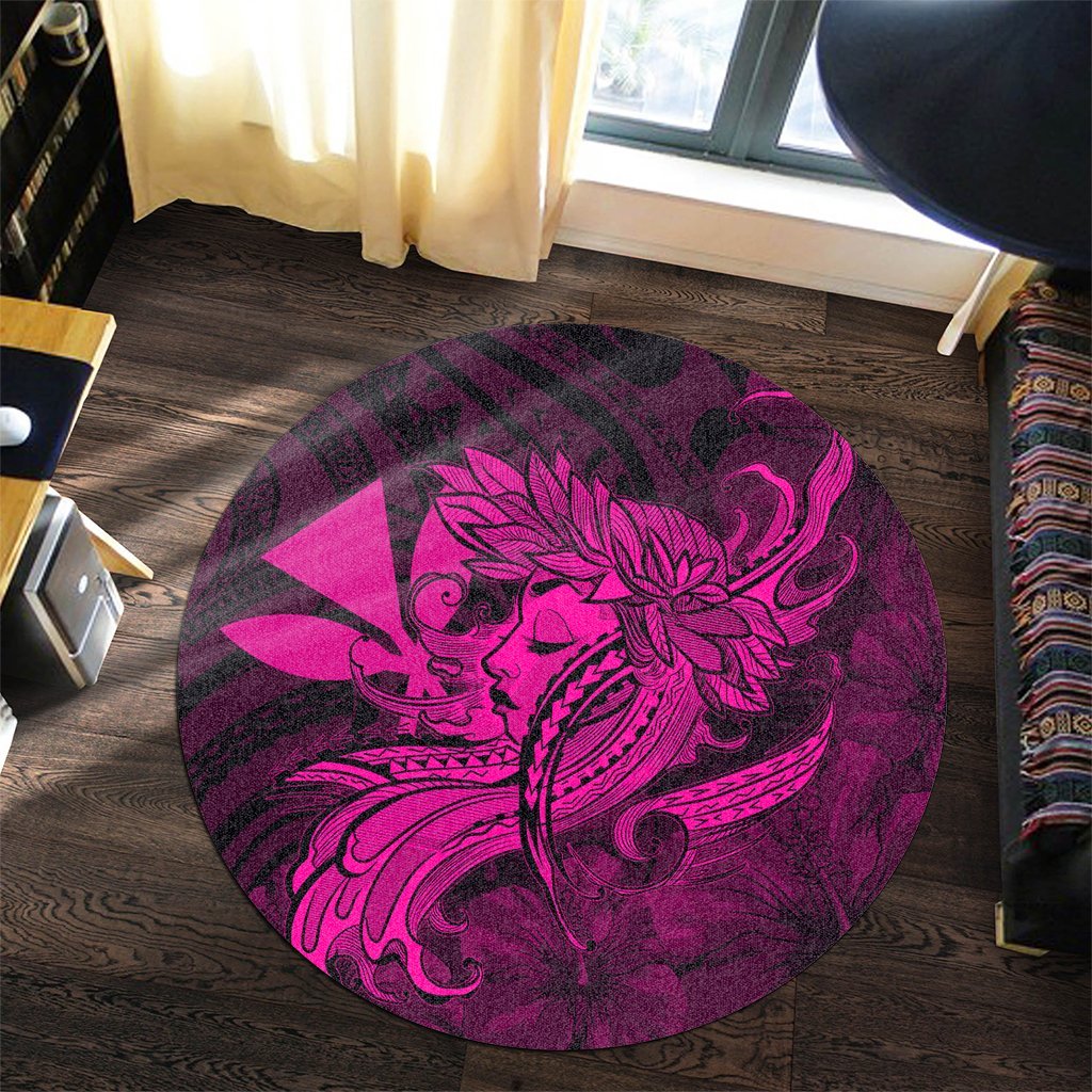 Hawaiian Map Hula Girl Hibiscus Kanaka Polynesian Round Carpet - Pink - AH - Polynesian Pride