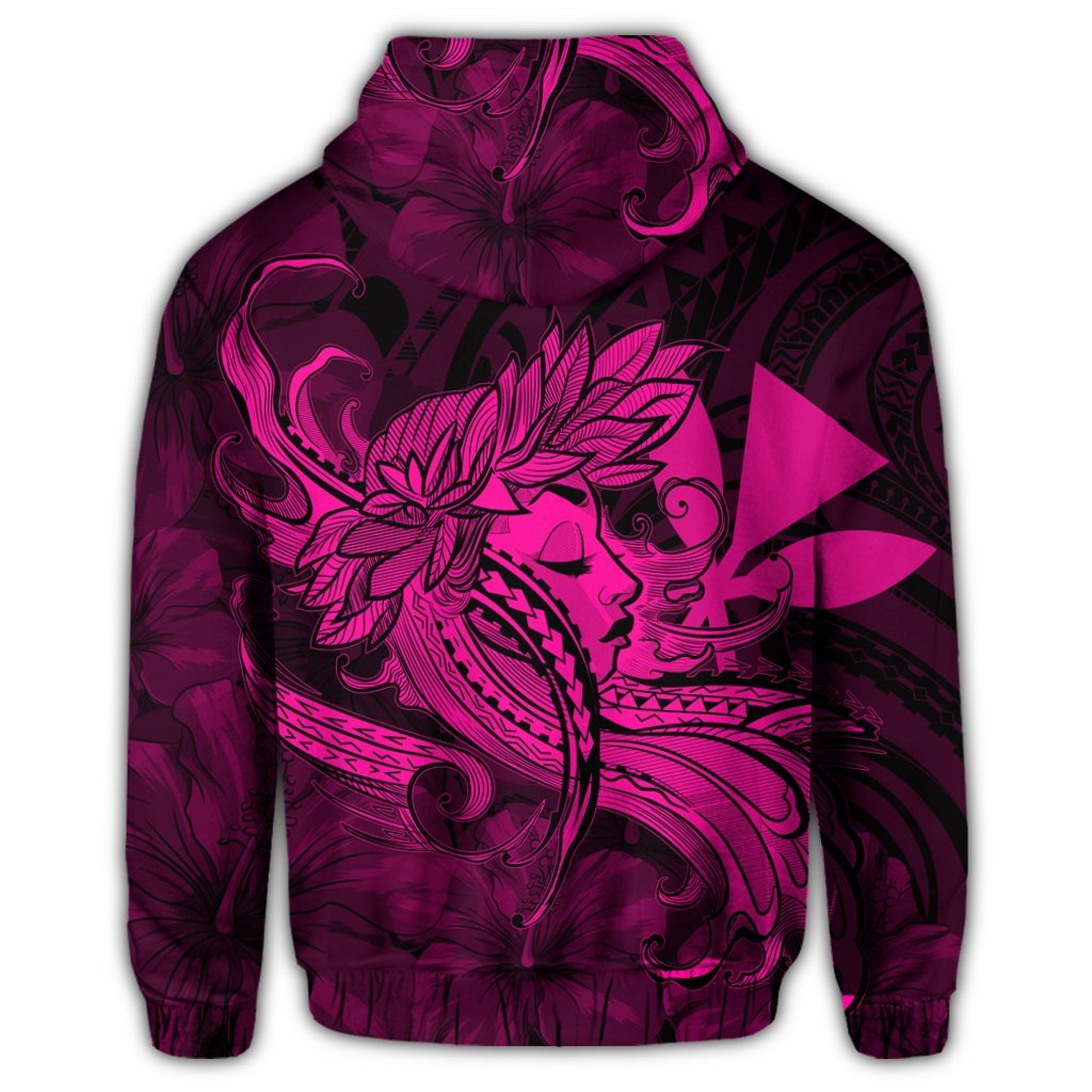 Hawaiian Map Hula Girl Hibiscus Kanaka Polynesian Zip Hoodie Pink - Polynesian Pride