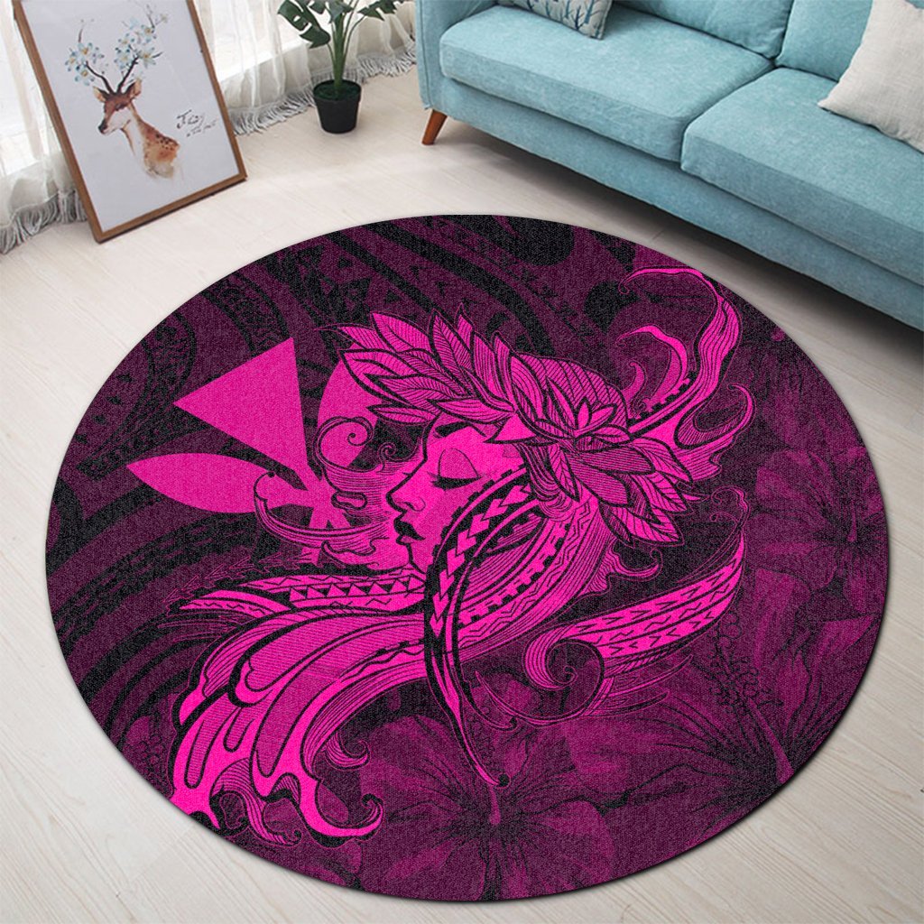 Hawaiian Map Hula Girl Hibiscus Kanaka Polynesian Round Carpet - Pink - AH - Polynesian Pride