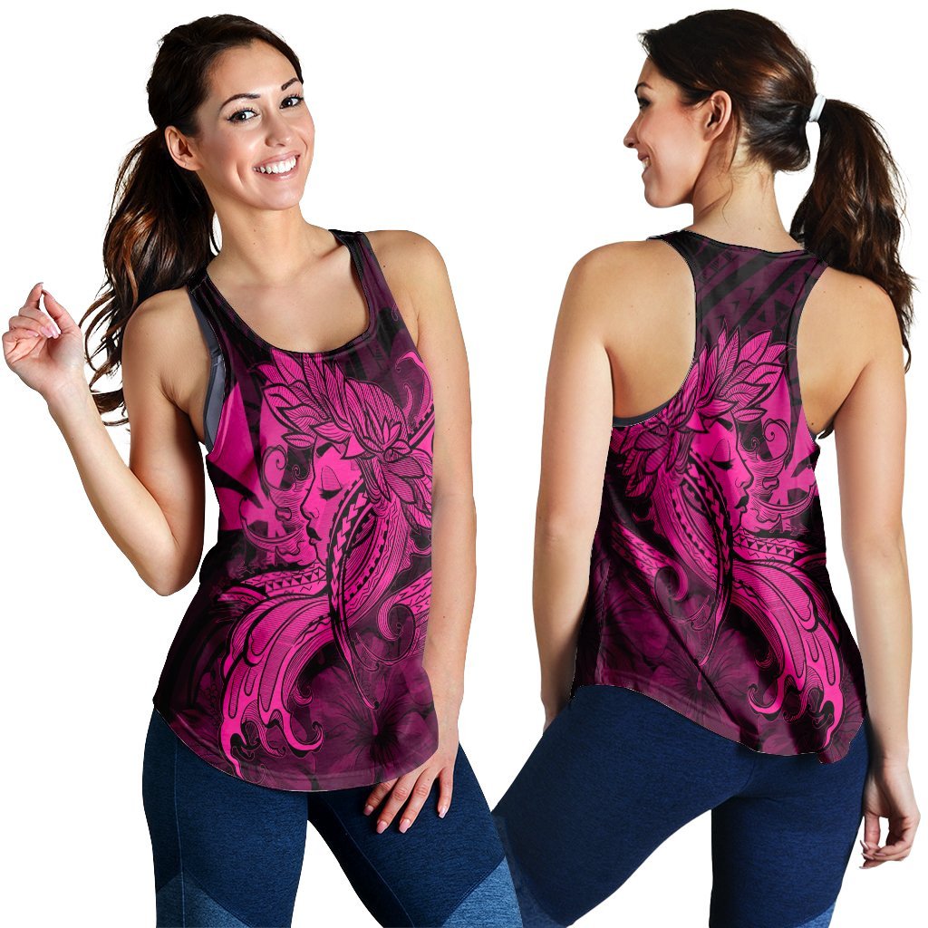 Hawaiian Map Hula Girl Hibiscus Kanaka Polynesian Racerback Tank - Pink - AH Black - Polynesian Pride