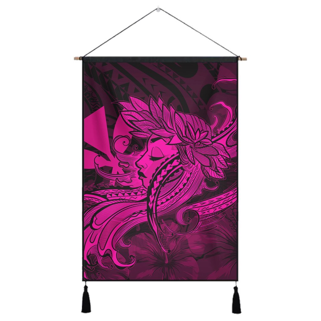 Hawaiian Map Hula Girl Hibiscus Kanaka Polynesian Hanging Poster - Pink - AH Hanging Poster Cotton And Linen - Polynesian Pride