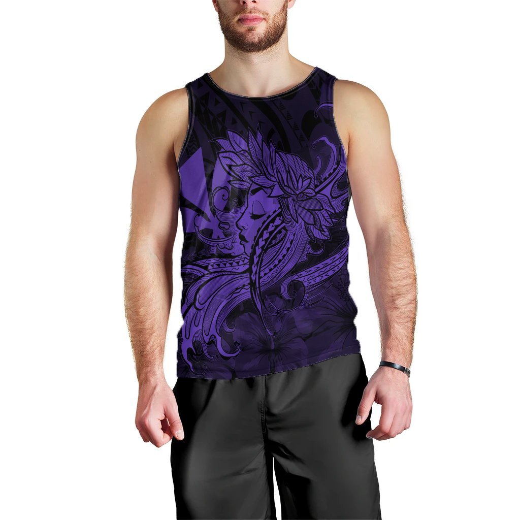 Hawaiian Map Hula Girl Hibiscus Kanaka Polynesian Tank Top - Purple - AH Black - Polynesian Pride