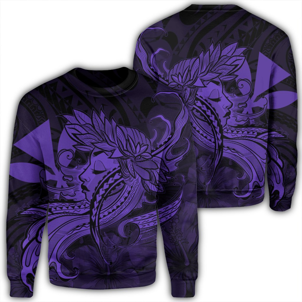 Hawaiian Map Hula Girl Hibiscus Kanaka Polynesian Sweatshirt - Purple - AH Unisex Black - Polynesian Pride