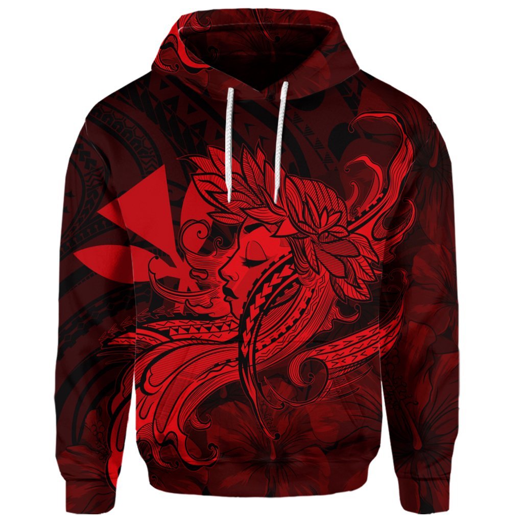 Custom Hawaiian Map Hula Girl Hibiscus Kanaka Polynesian Hoodie Red - Polynesian Pride