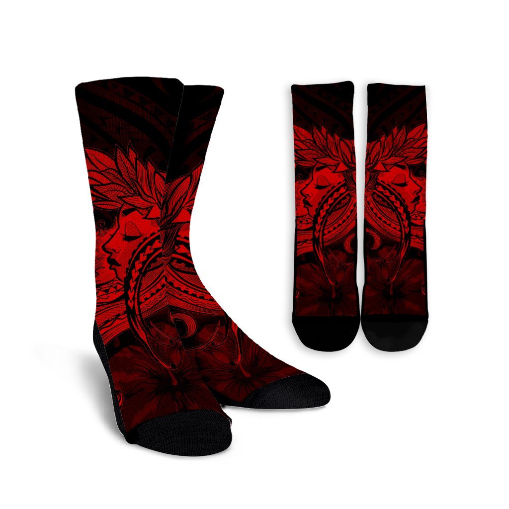 Hawaiian Map Hula Girl Hibiscus Kanaka Polynesian Crew Socks - Red - AH Crew Socks White - Polynesian Pride