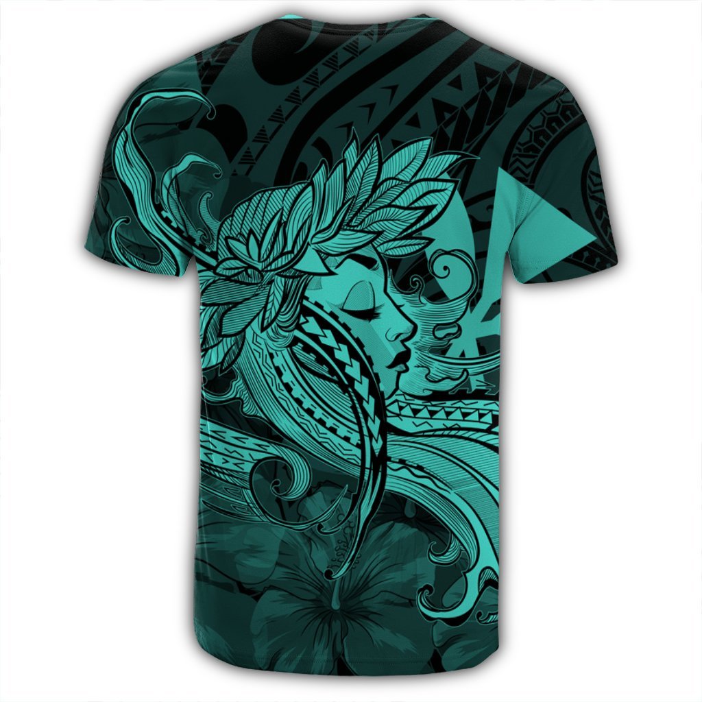 Hawaiian Map Hula Girl Hibiscus Kanaka Polynesian T Shirt Turquoise - Polynesian Pride