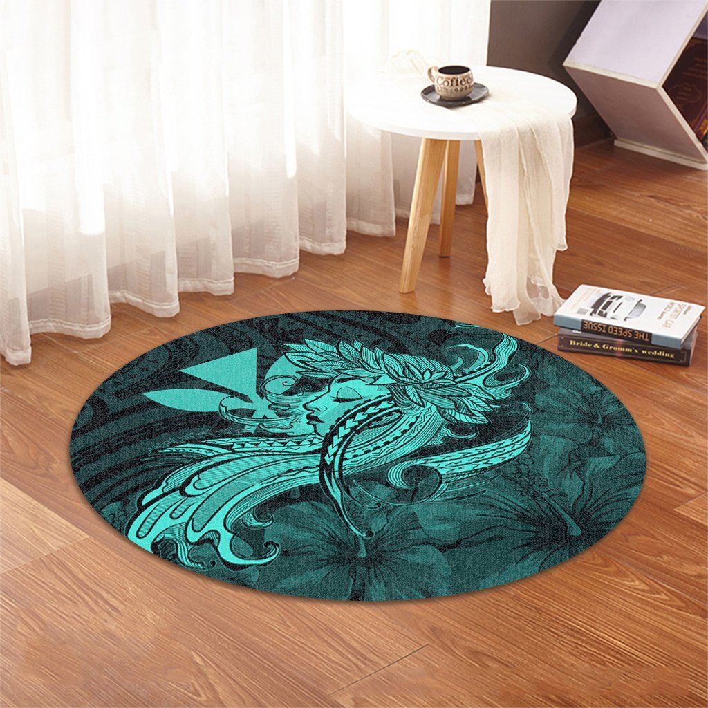 Hawaiian Map Hula Girl Hibiscus Kanaka Polynesian Round Carpet - Turquoise - AH - Polynesian Pride