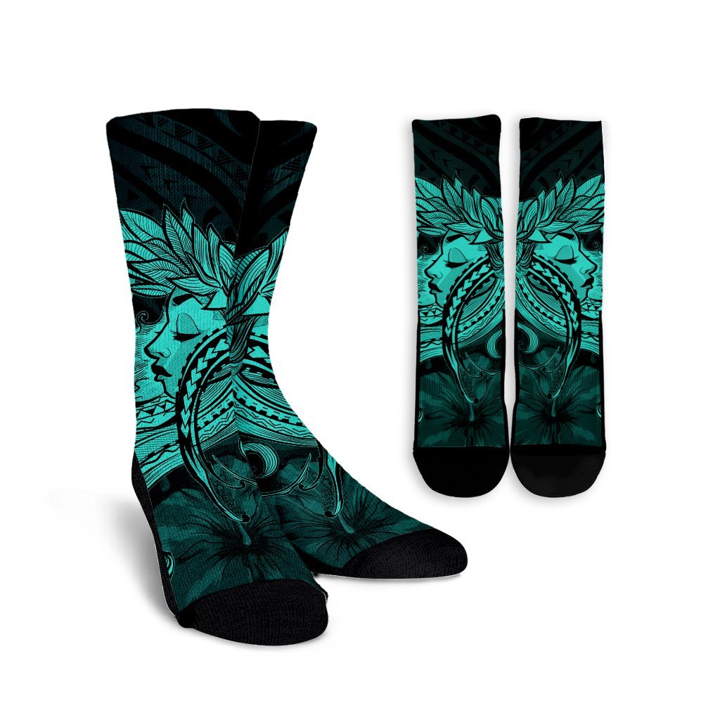 Hawaiian Map Hula Girl Hibiscus Kanaka Polynesian Crew Socks - Turquoise - AH Crew Socks White - Polynesian Pride