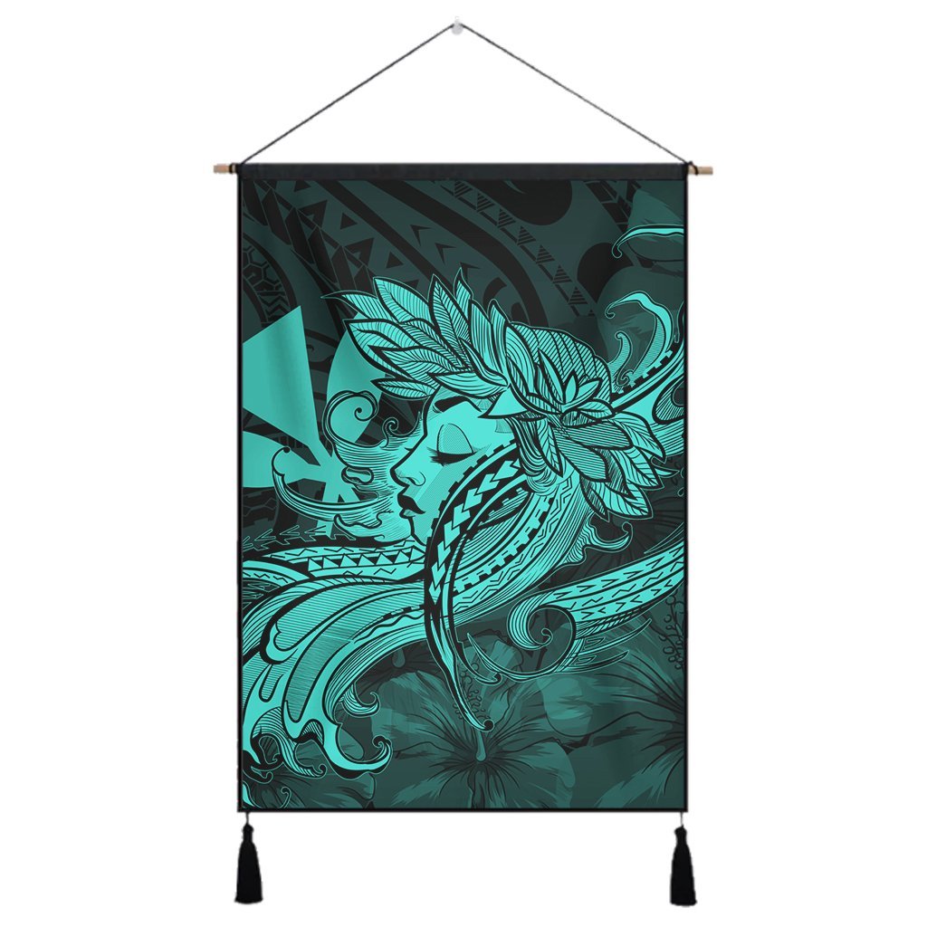 Hawaiian Map Hula Girl Hibiscus Kanaka Polynesian Hanging Poster - Turquoise - AH Hanging Poster Cotton And Linen - Polynesian Pride