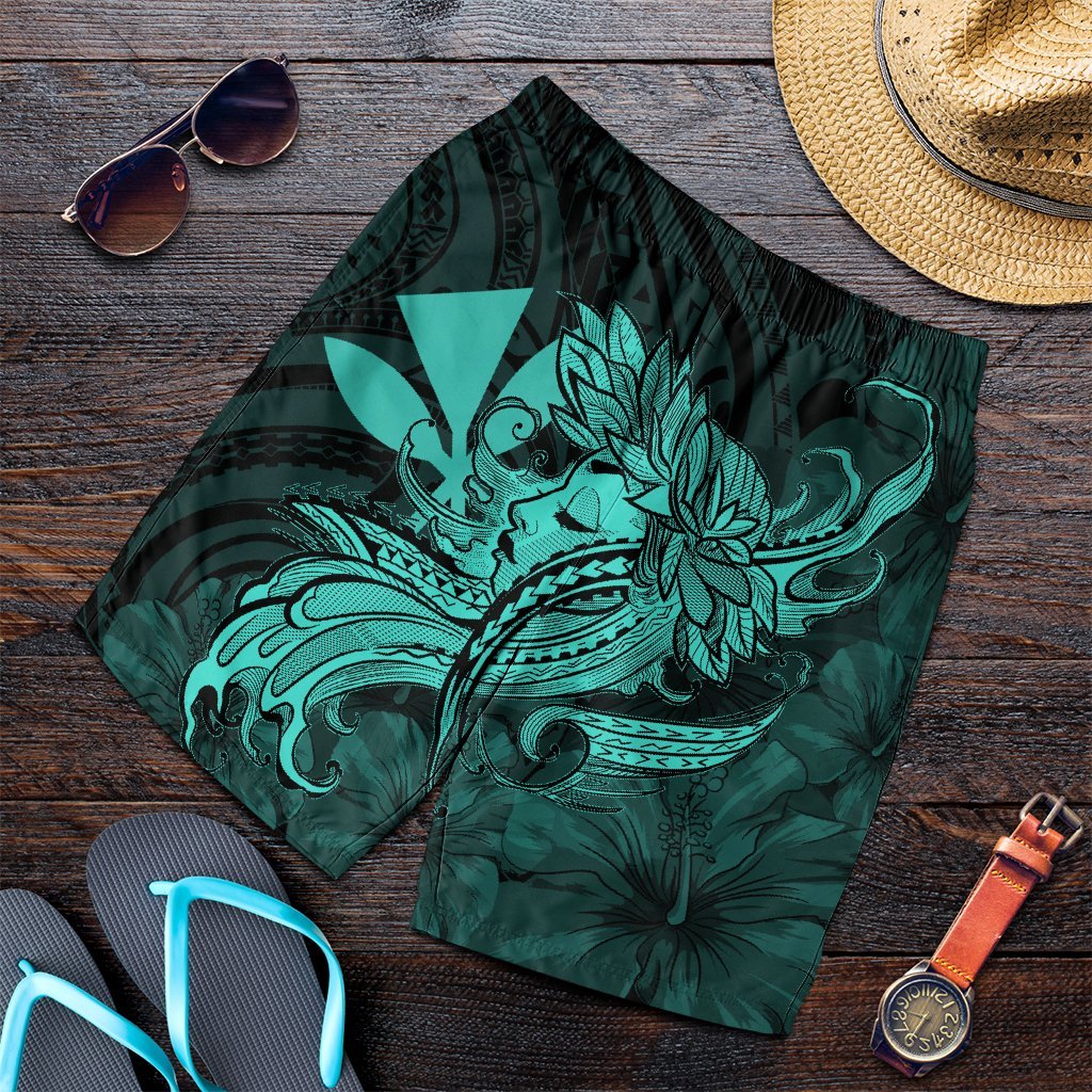 Hawaiian Map Hula Girl Hibiscus Kanaka Polynesian Men's Shorts - Turquoise - AH Art - Polynesian Pride