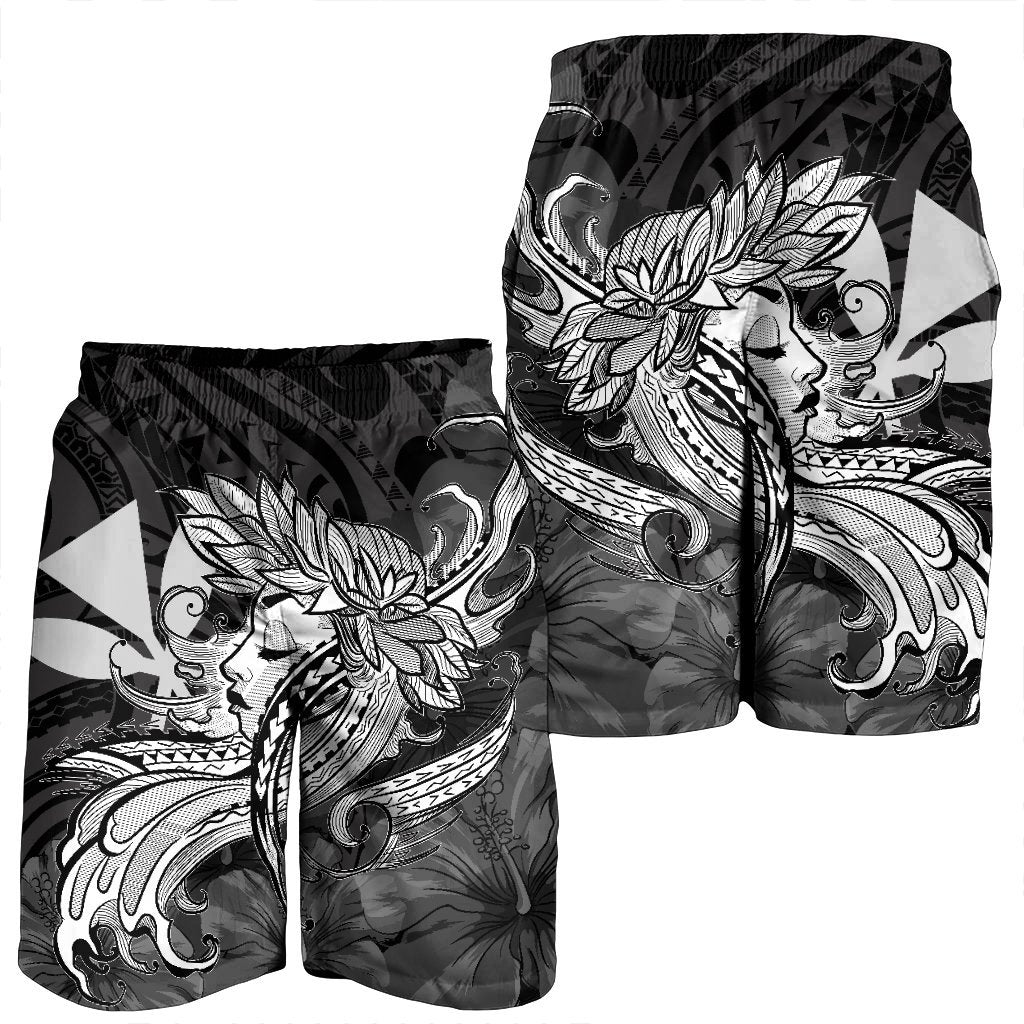 Hawaiian Map Hula Girl Hibiscus Kanaka Polynesian Men's Shorts - White - AH - Polynesian Pride