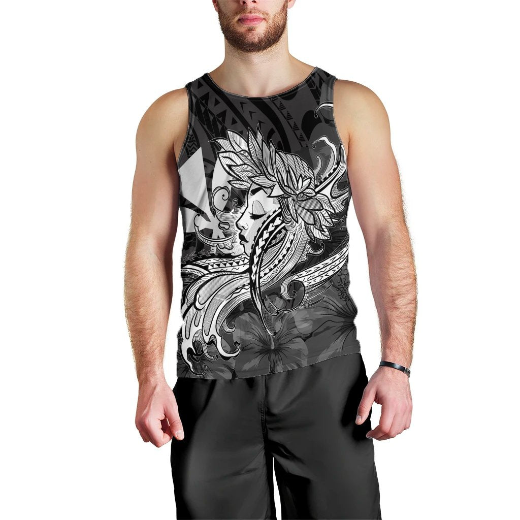 Hawaiian Map Hula Girl Hibiscus Kanaka Polynesian Tank Top - White - AH Black - Polynesian Pride