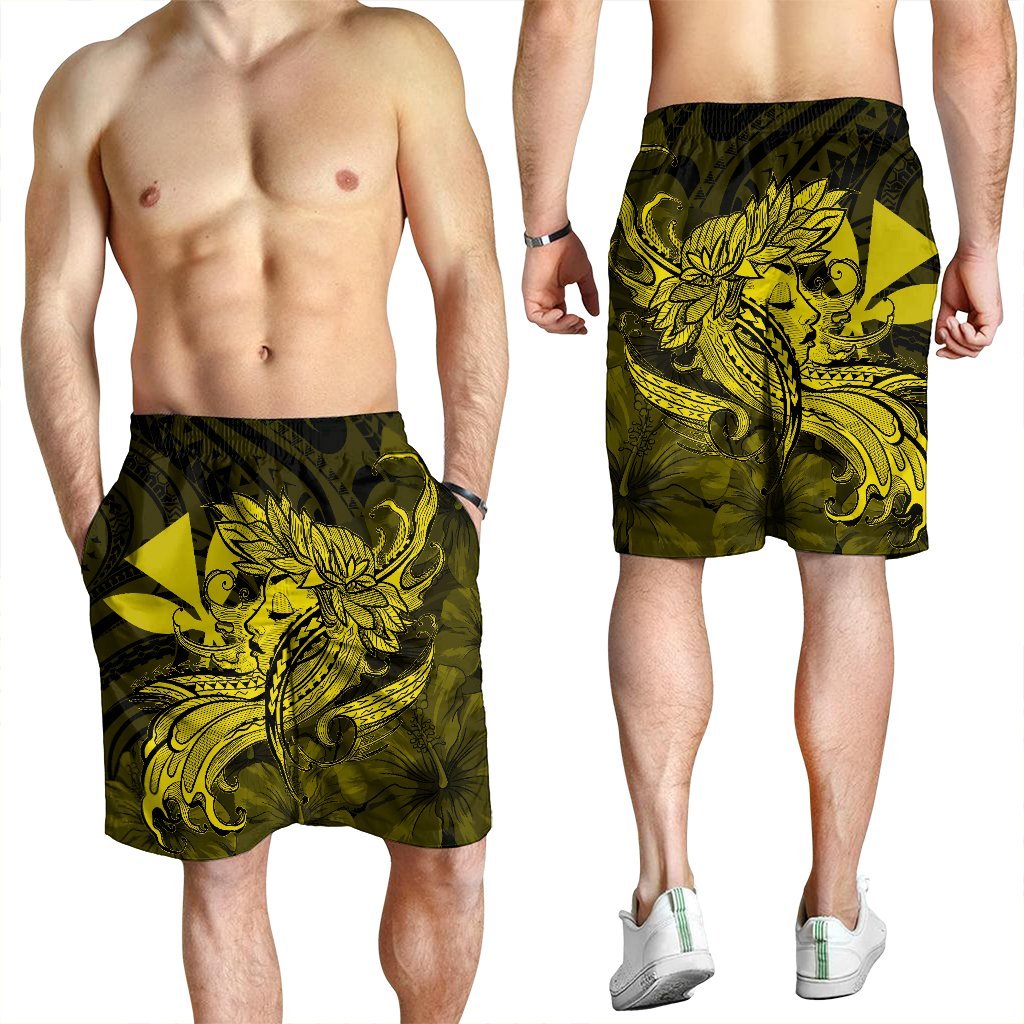 Hawaiian Map Hula Girl Hibiscus Kanaka Polynesian Men's Shorts - Yellow - AH - Polynesian Pride