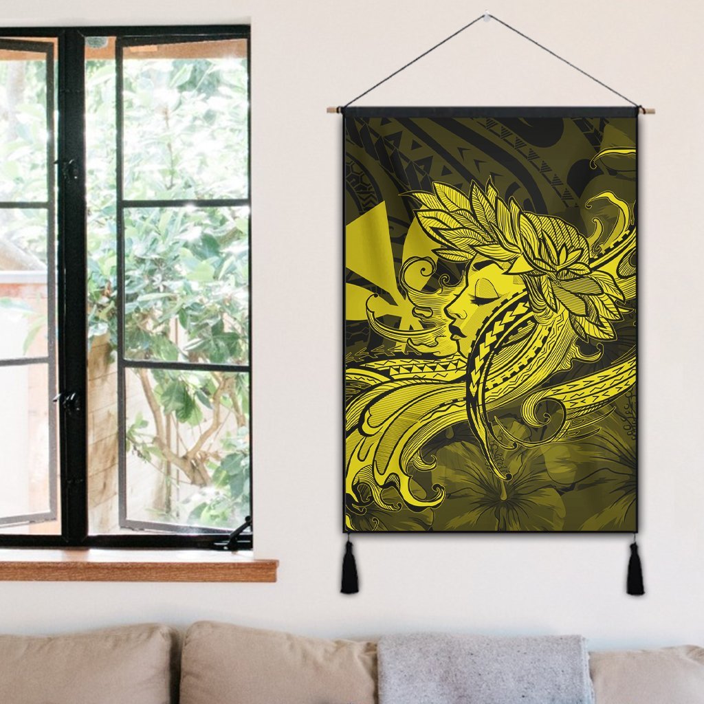 Hawaiian Map Hula Girl Hibiscus Kanaka Polynesian Hanging Poster - Yellow - AH - Polynesian Pride