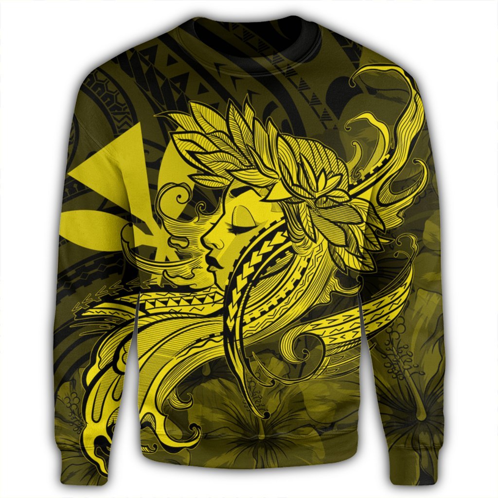 Hawaiian Map Hula Girl Hibiscus Kanaka Polynesian Sweatshirt - Yellow - AH - Polynesian Pride