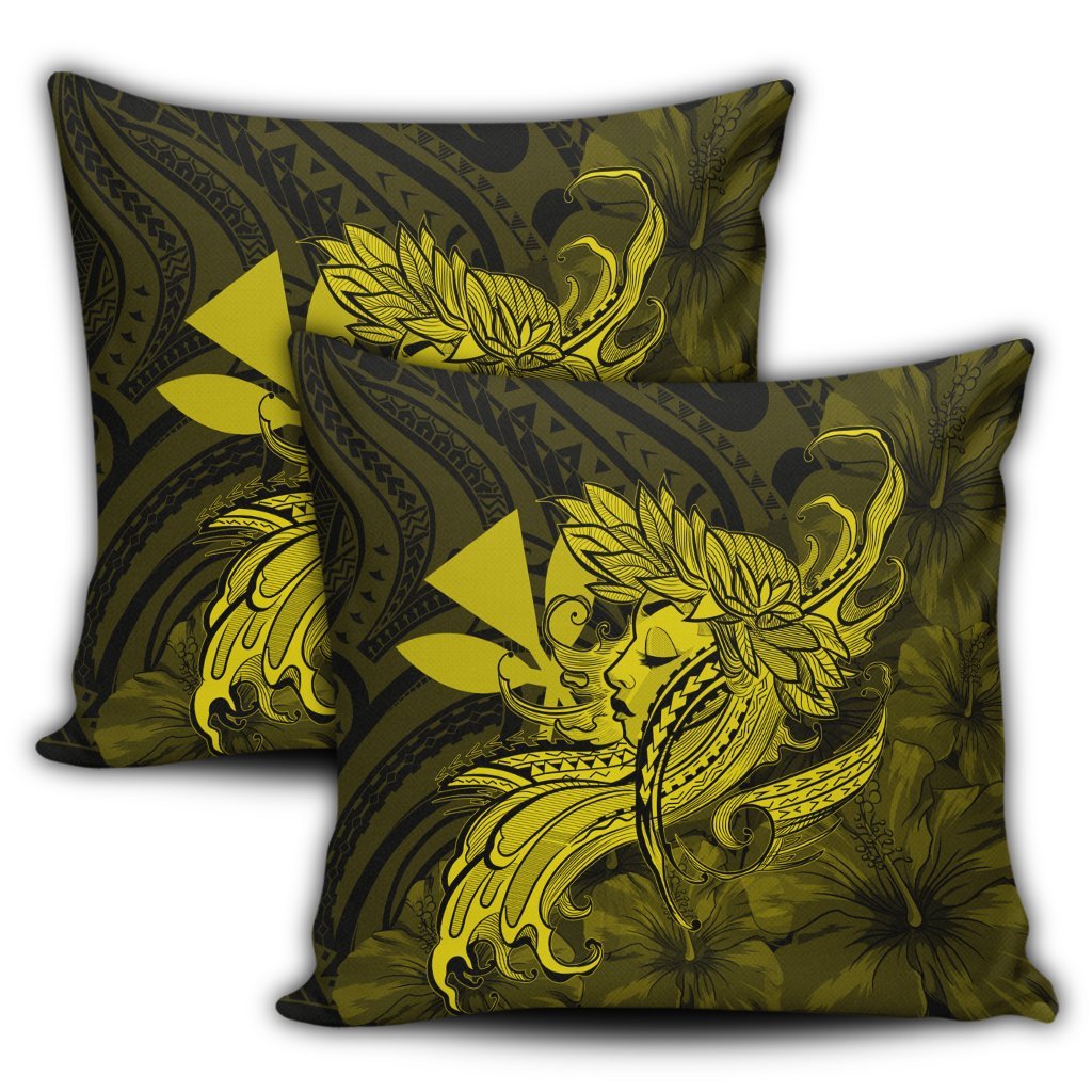 Hawaiian Map Hula Girl Hibiscus Kanaka Polynesian Pillow Covers - Yellow - AH - Polynesian Pride