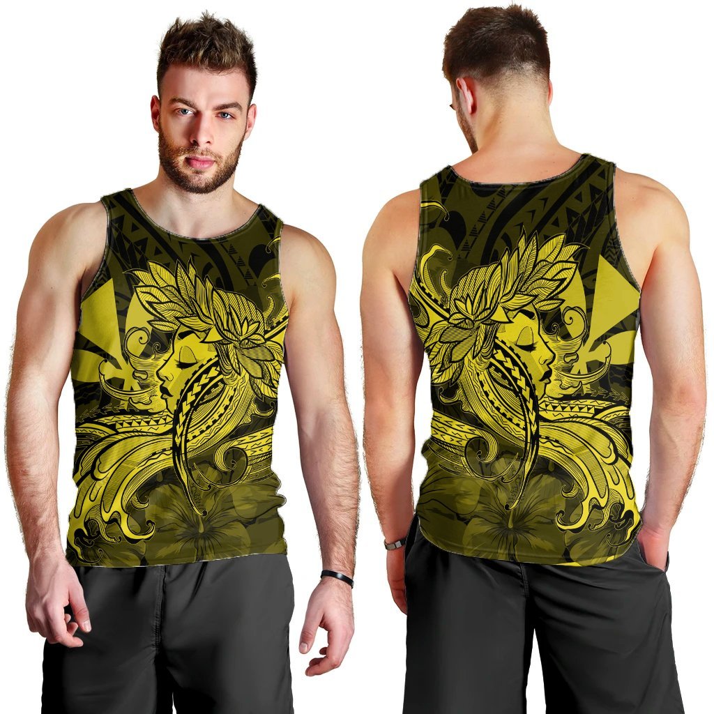 Hawaiian Map Hula Girl Hibiscus Kanaka Polynesian Tank Top - Yellow - AH - Polynesian Pride