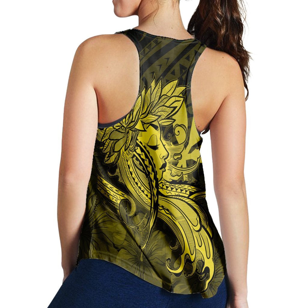 Hawaiian Map Hula Girl Hibiscus Kanaka Polynesian Racerback Tank - Yellow - AH - Polynesian Pride