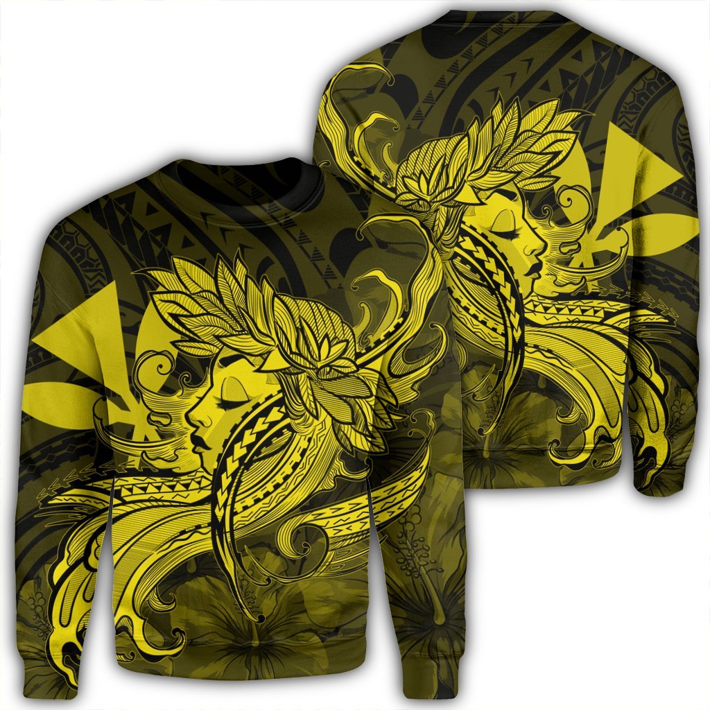 Hawaiian Map Hula Girl Hibiscus Kanaka Polynesian Sweatshirt - Yellow - AH Unisex Black - Polynesian Pride