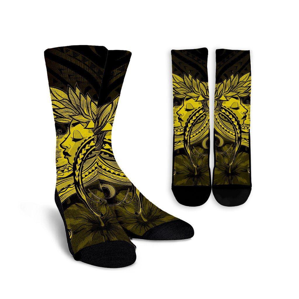 Hawaiian Map Hula Girl Hibiscus Kanaka Polynesian Crew Socks - Yellow - AH Crew Socks White - Polynesian Pride