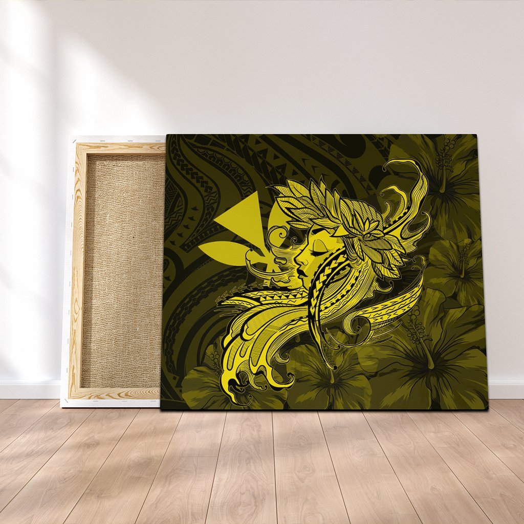 Hawaiian Map Hula Girl Hibiscus Kanaka Polynesian Canvas - Yellow - AH Canvas Poly-cotton - Polynesian Pride