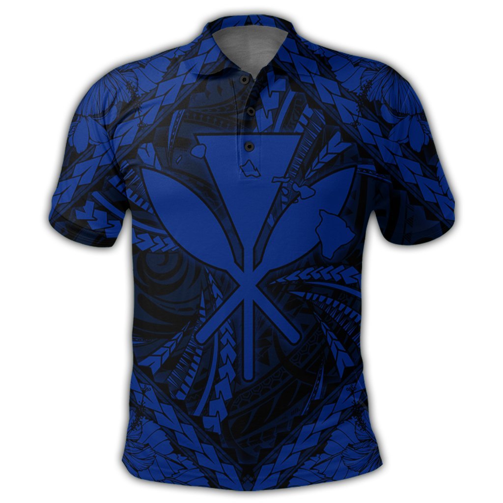 Hawaiian Map Kanaka Hibiscus Blue Polynesian Polo Shirt - Polynesian Pride