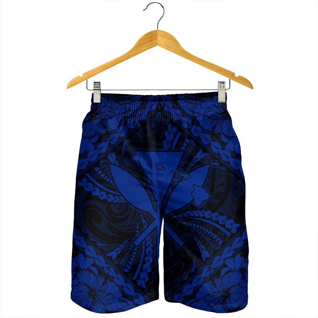 Hawaiian Map Kanaka Hibiscus Blue Polynesian Men's Shorts - AH - Polynesian Pride