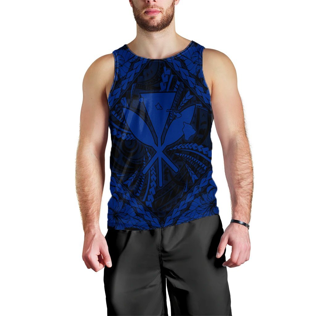 Hawaiian Map Kanaka Hibiscus Blue Polynesian Tank Top - AH Black - Polynesian Pride