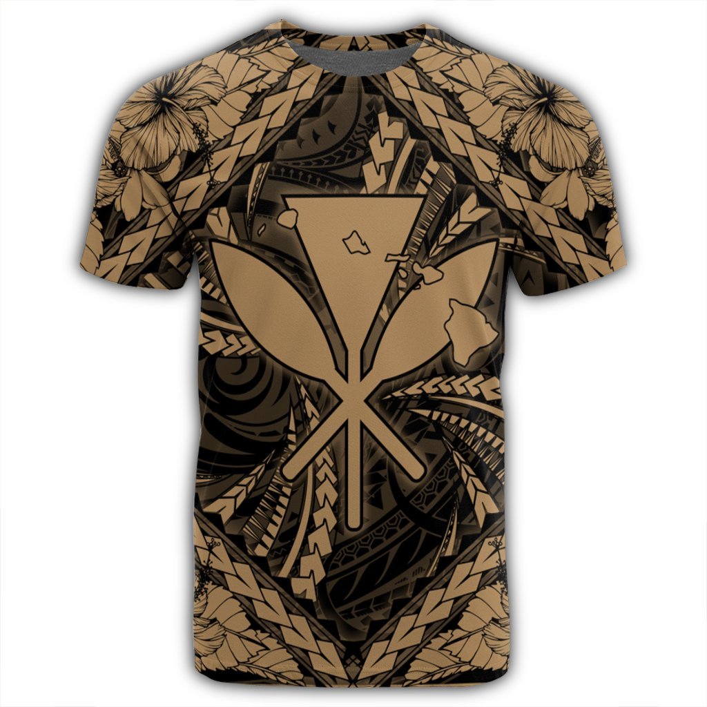 Hawaiian Map Kanaka Hibiscus Gold Polynesian T Shirt - Polynesian Pride