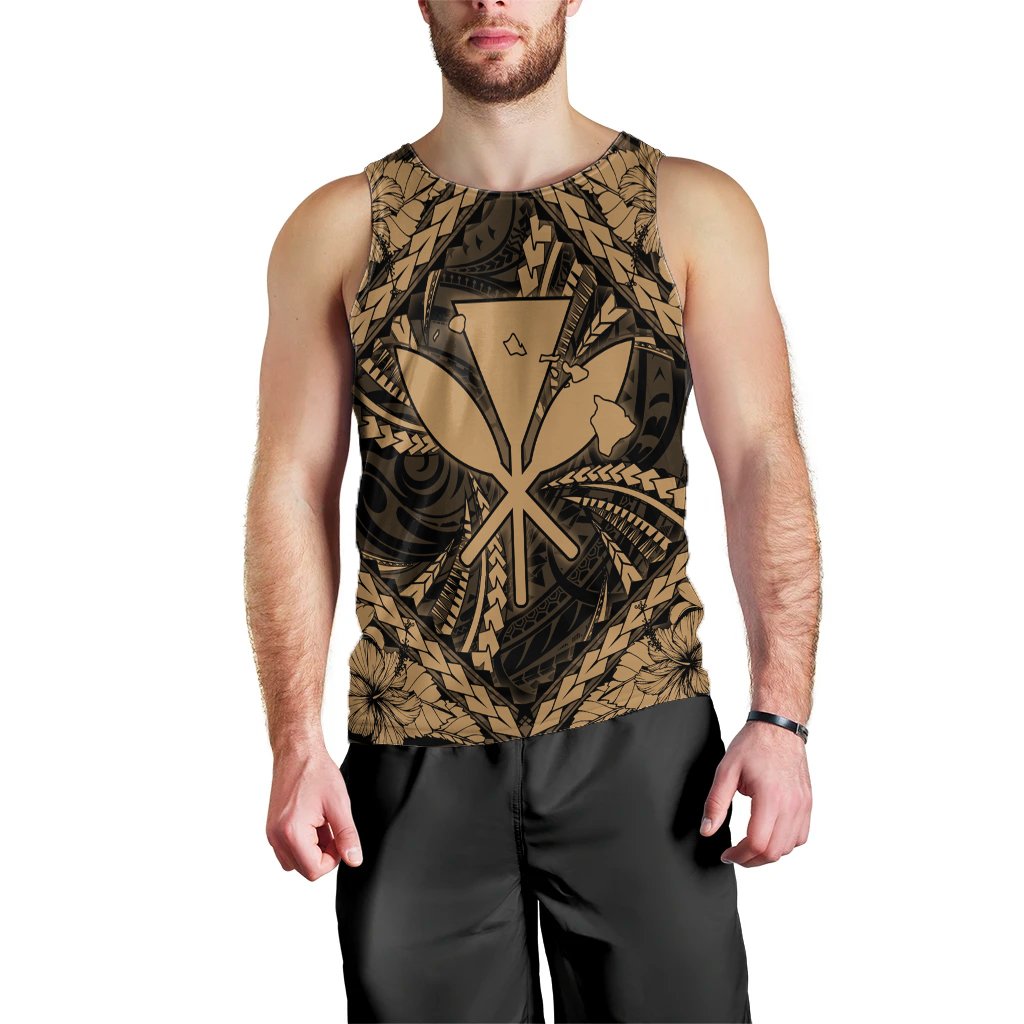 Hawaiian Map Kanaka Hibiscus Gold Polynesian Tank Top - AH Black - Polynesian Pride